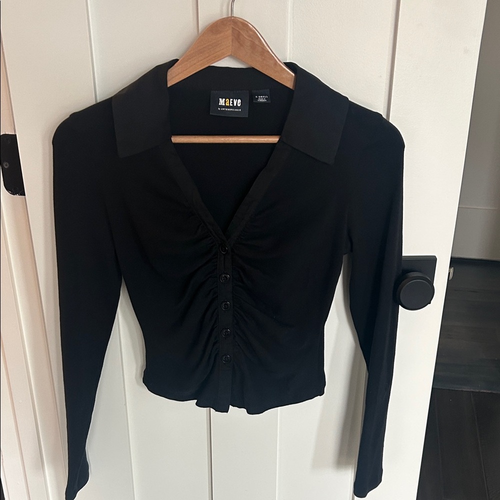 Maeve Elegant Black Ruched Button Down Shirt